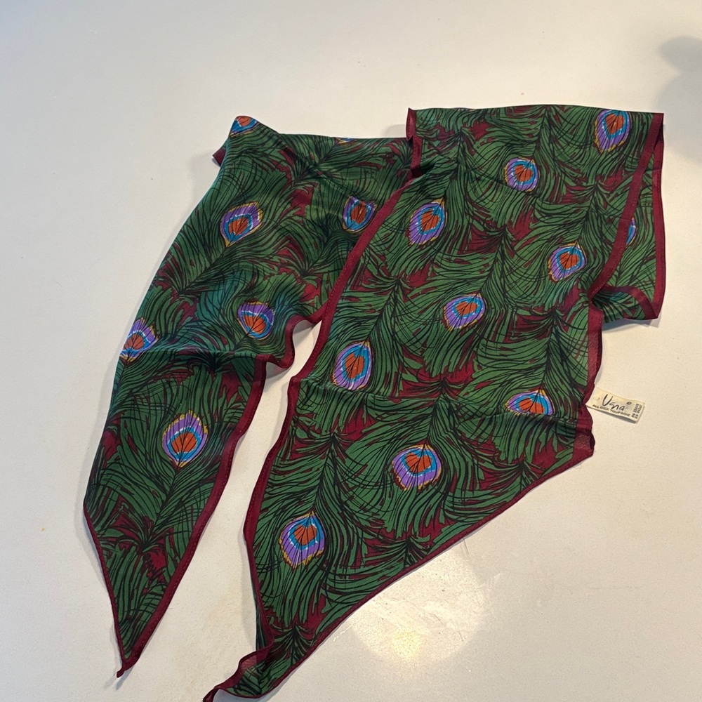 Vintage Vera Neumann Peacock Feather Print Silk Scarf